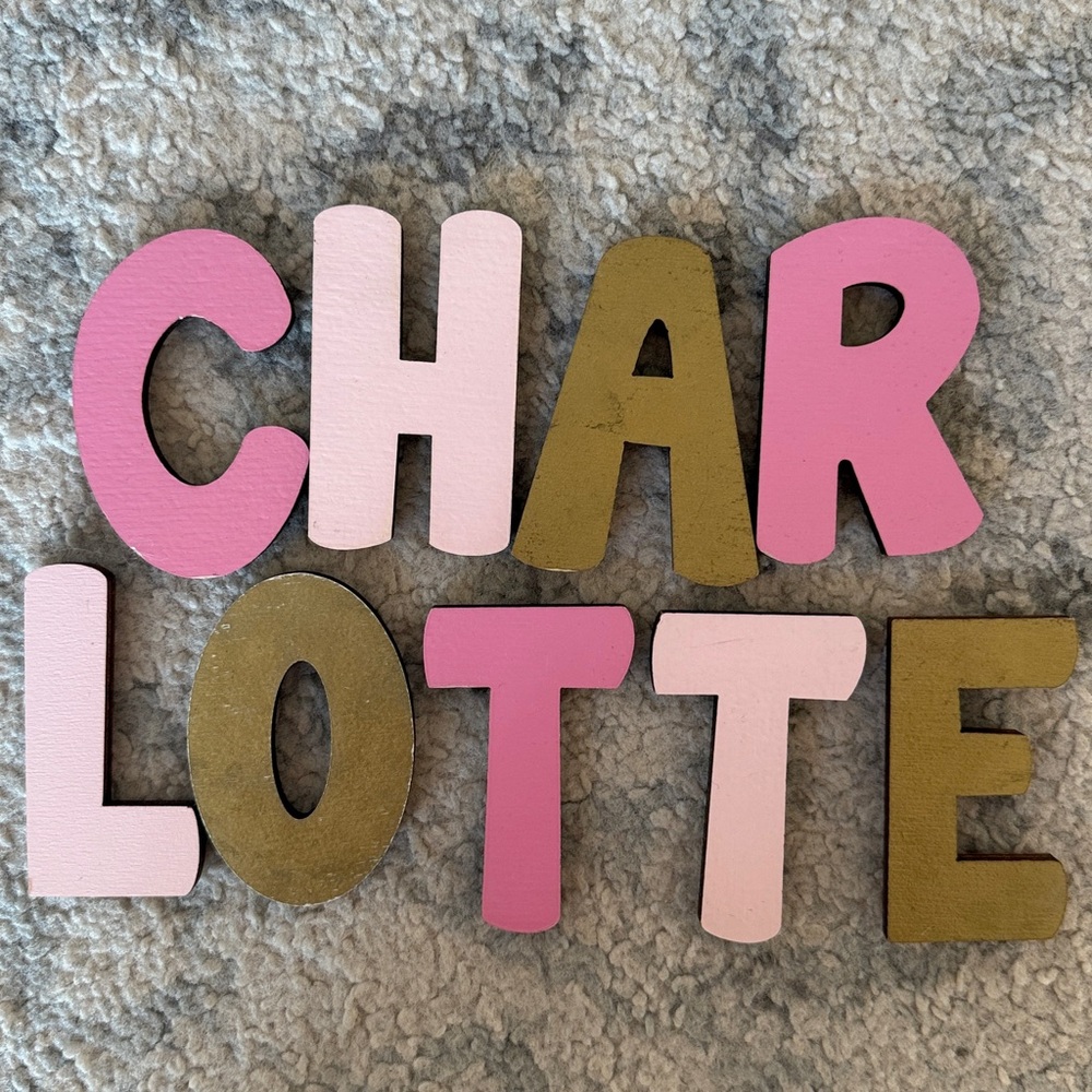 Wooden Name Puzzle with Pink and Gold Letters Charlotte - Picture 3 of 3